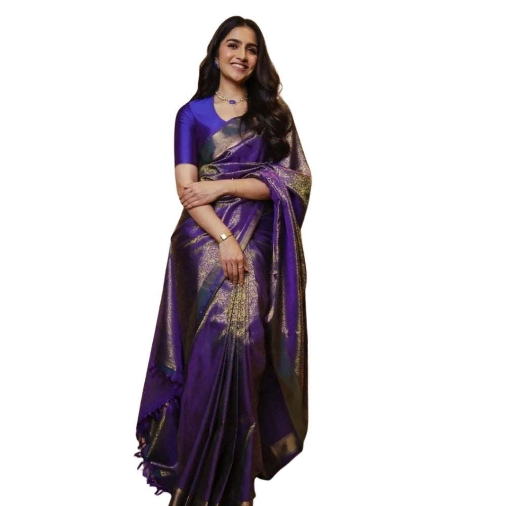 Women's Silk Printed Saree With Unstitched Blouse 5.5Mtr (Purple)