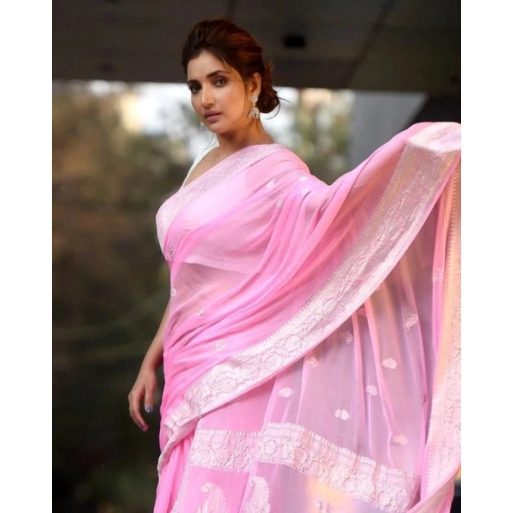 Women's Cotton  Printed Saree With Unstitched Blouse 5.5Mtr (Pink)