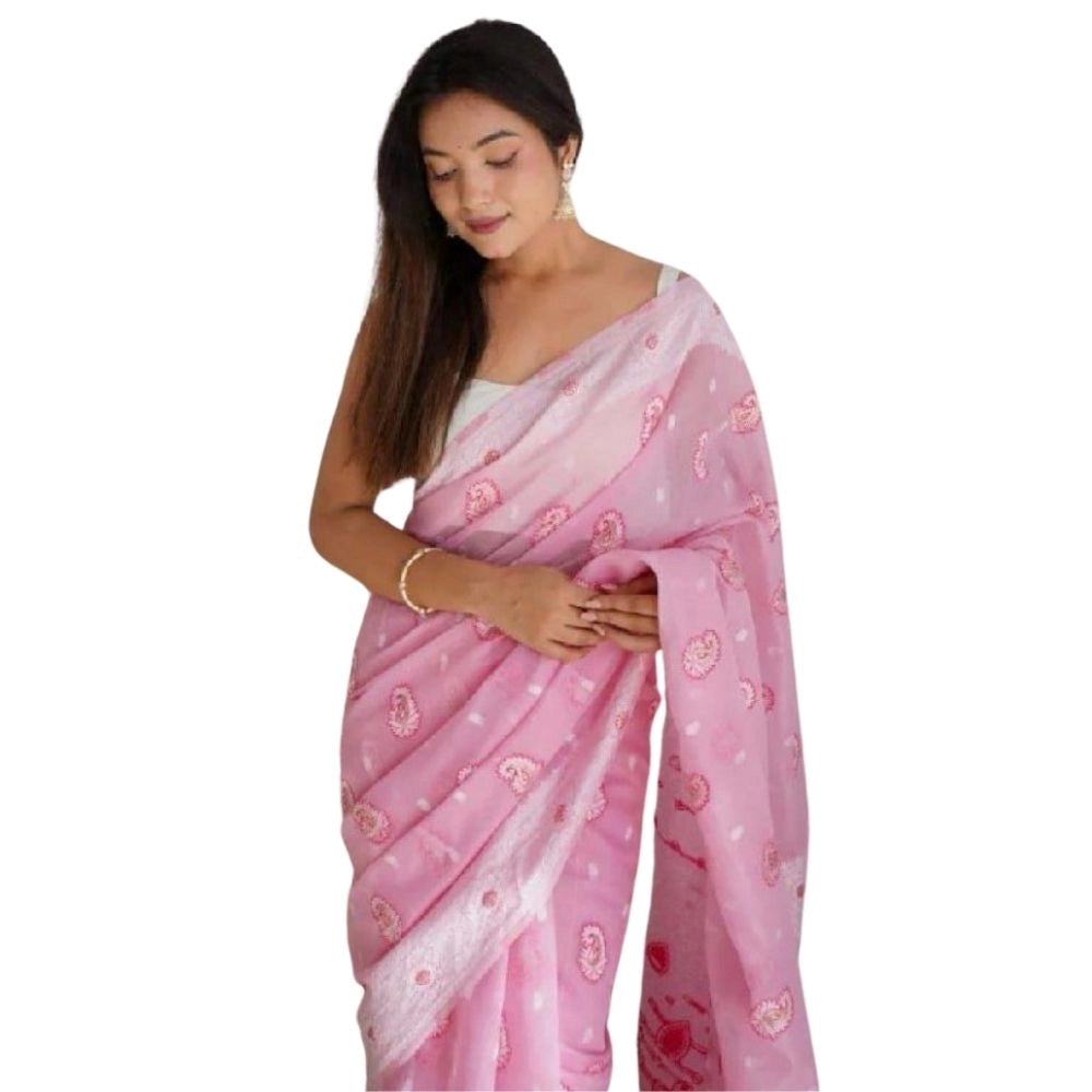 Women's Cotton  Printed Saree With Unstitched Blouse 5.5Mtr (Pink)