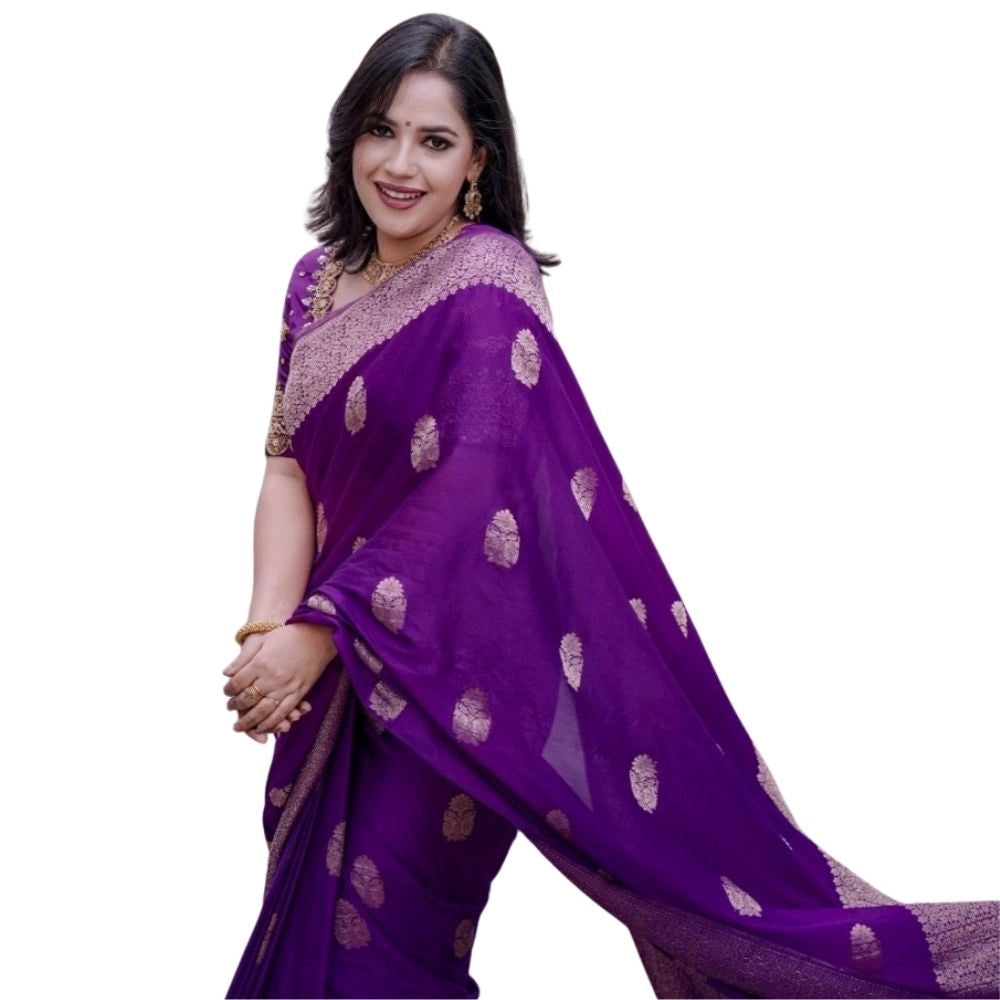 Women's Silk Printed Saree With Unstitched Blouse 5.5Mtr (Purple)