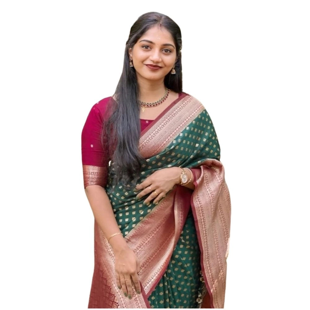Women's Silk Printed Saree With Unstitched Blouse 5.5Mtr (Green-Red)