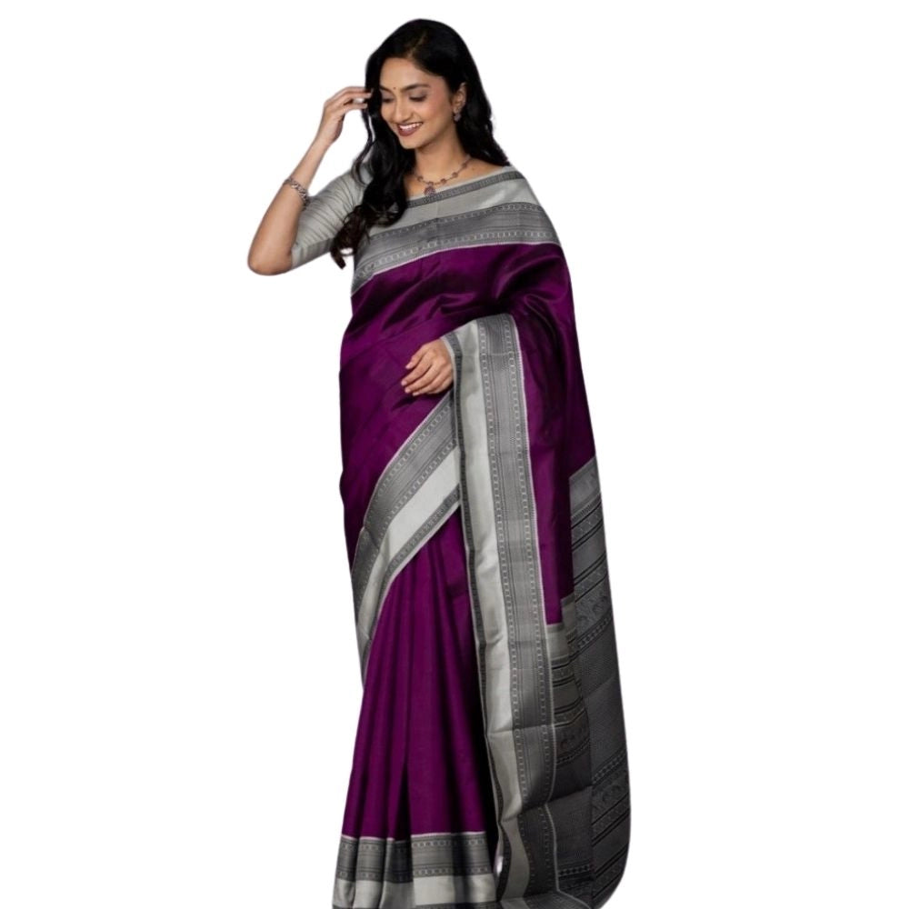 Women's Silk Printed Saree With Unstitched Blouse 5.5Mtr (Purple)