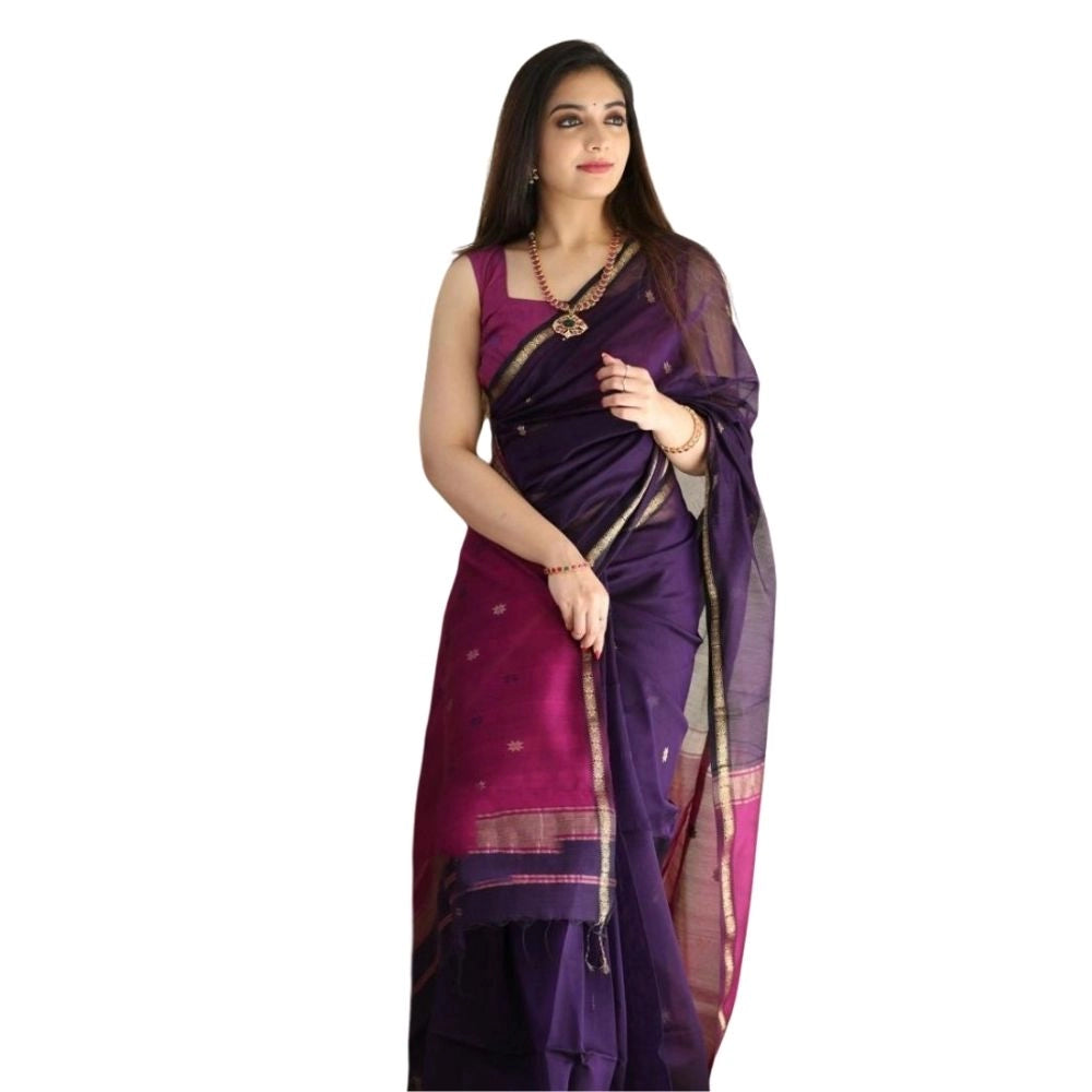 Women's Cotton  Printed Saree With Unstitched Blouse 5.5Mtr (Navy Blue)