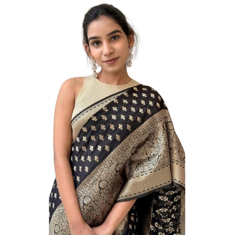 Women's Silk Printed Saree With Unstitched Blouse 5.5Mtr (Black)