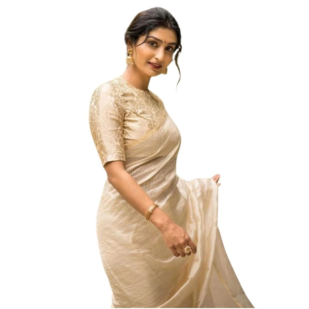 Women's Silk Printed Saree With Unstitched Blouse 5.5Mtr (Off White)