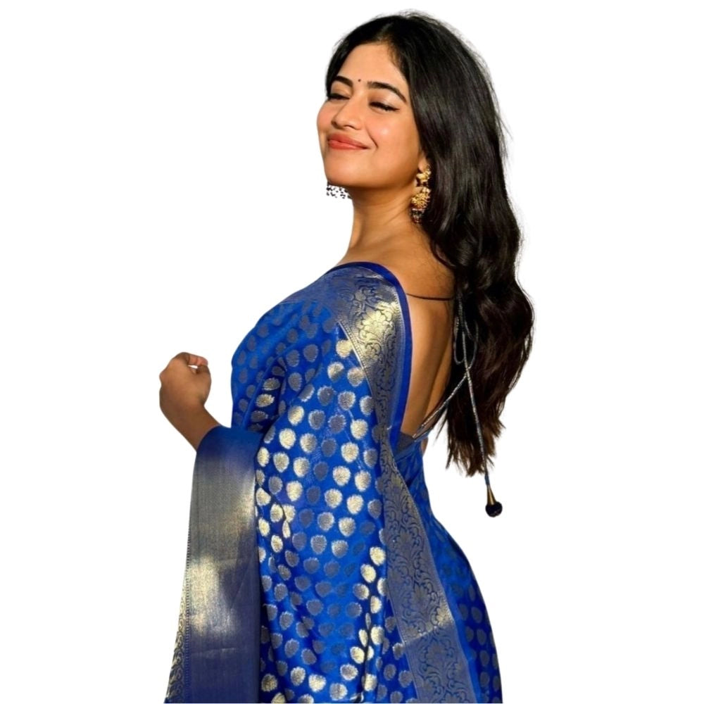 Women's Silk Printed Saree With Unstitched Blouse 5.5Mtr (Royal Blue)