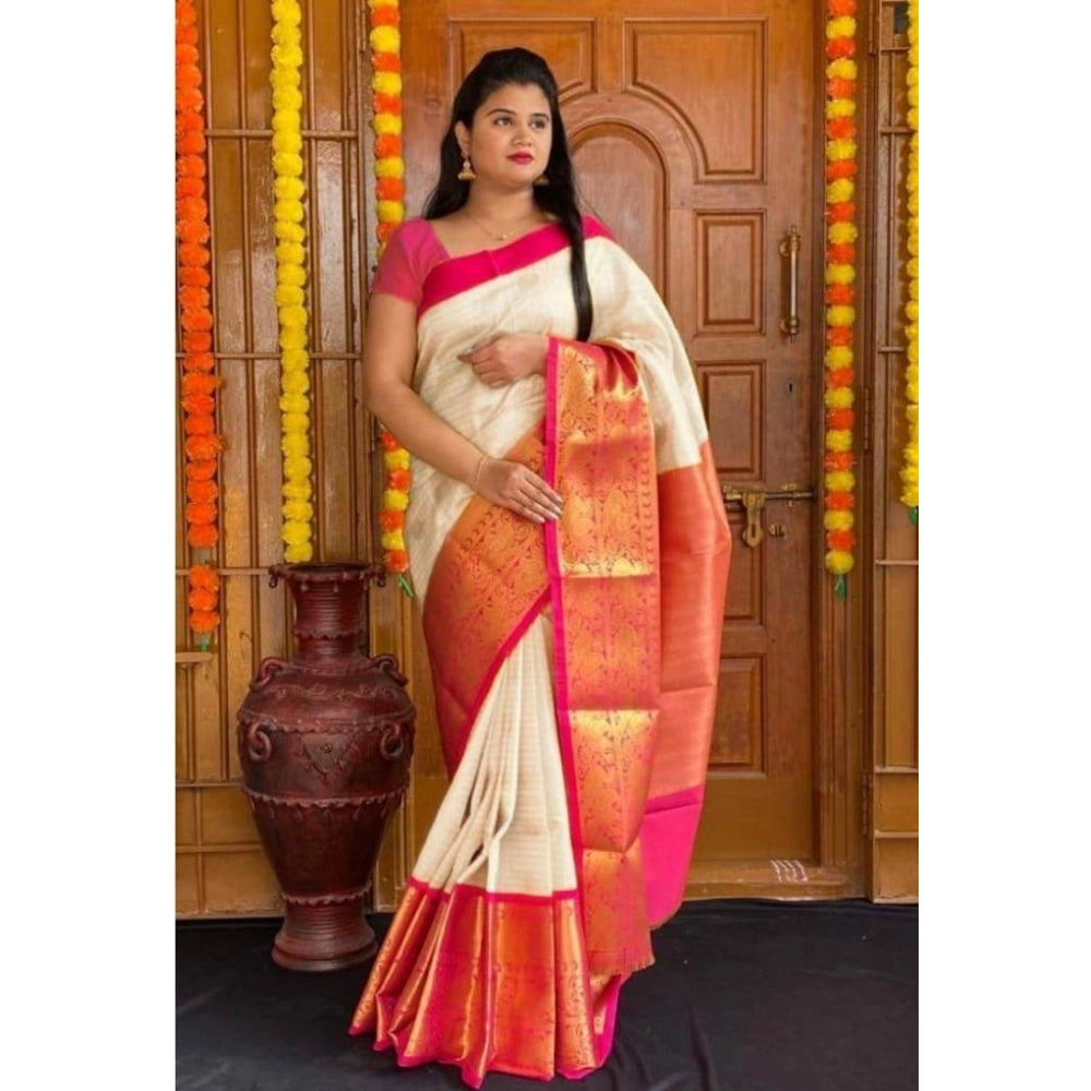 Women's Soft Lichi Silk Printed Saree With Unstitched Blouse 5.5Mtr (Cream)