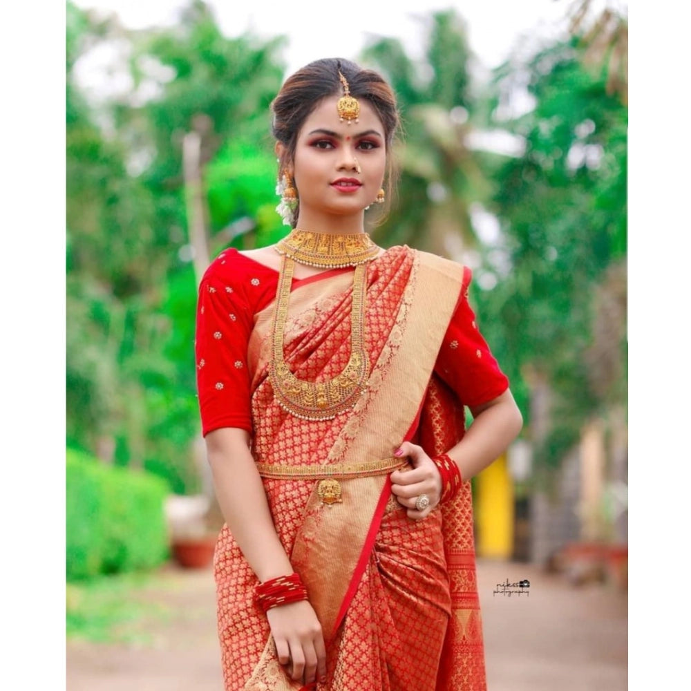 Women's Soft Lichi Silk Printed Saree With Unstitched Blouse 5.5Mtr (Red)