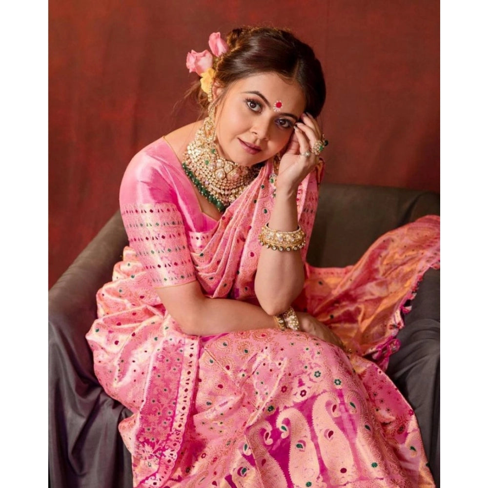 Women's Soft Lichi Silk Printed Saree With Unstitched Blouse 5.5Mtr (Pink)