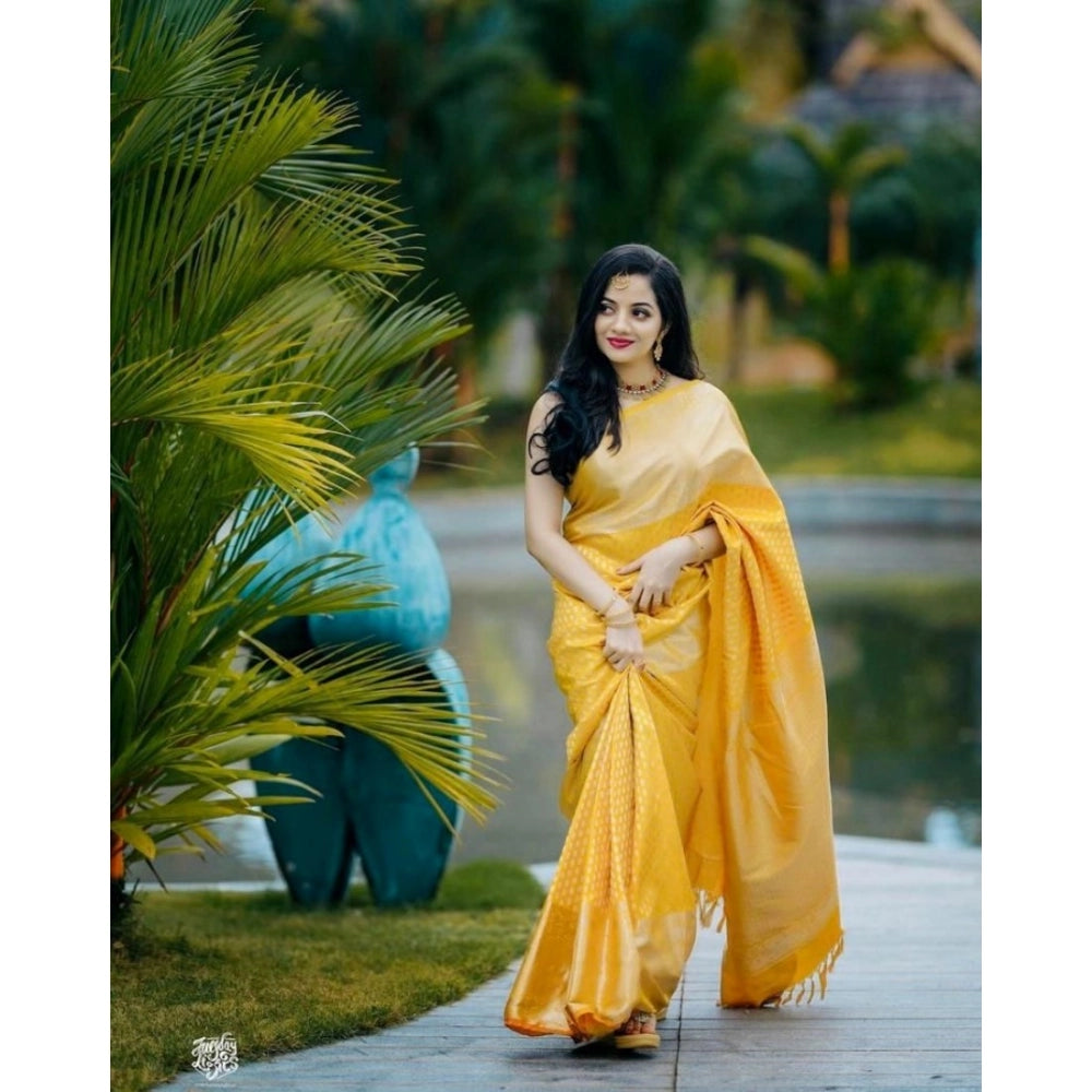 Women's Soft Lichi Silk Printed Saree With Unstitched Blouse 5.5Mtr (Yellow)
