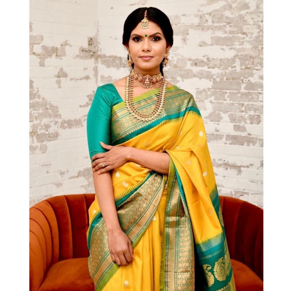 Women's Soft Lichi Silk Printed Saree With Unstitched Blouse 5.5Mtr (Yellow)