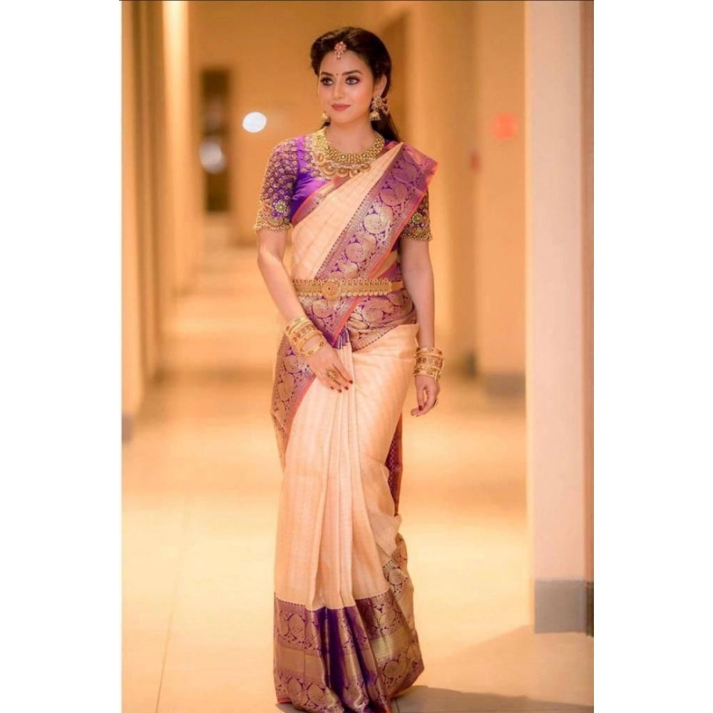 Women's Soft Lichi Silk Printed Saree With Unstitched Blouse 5.5Mtr (Purple)