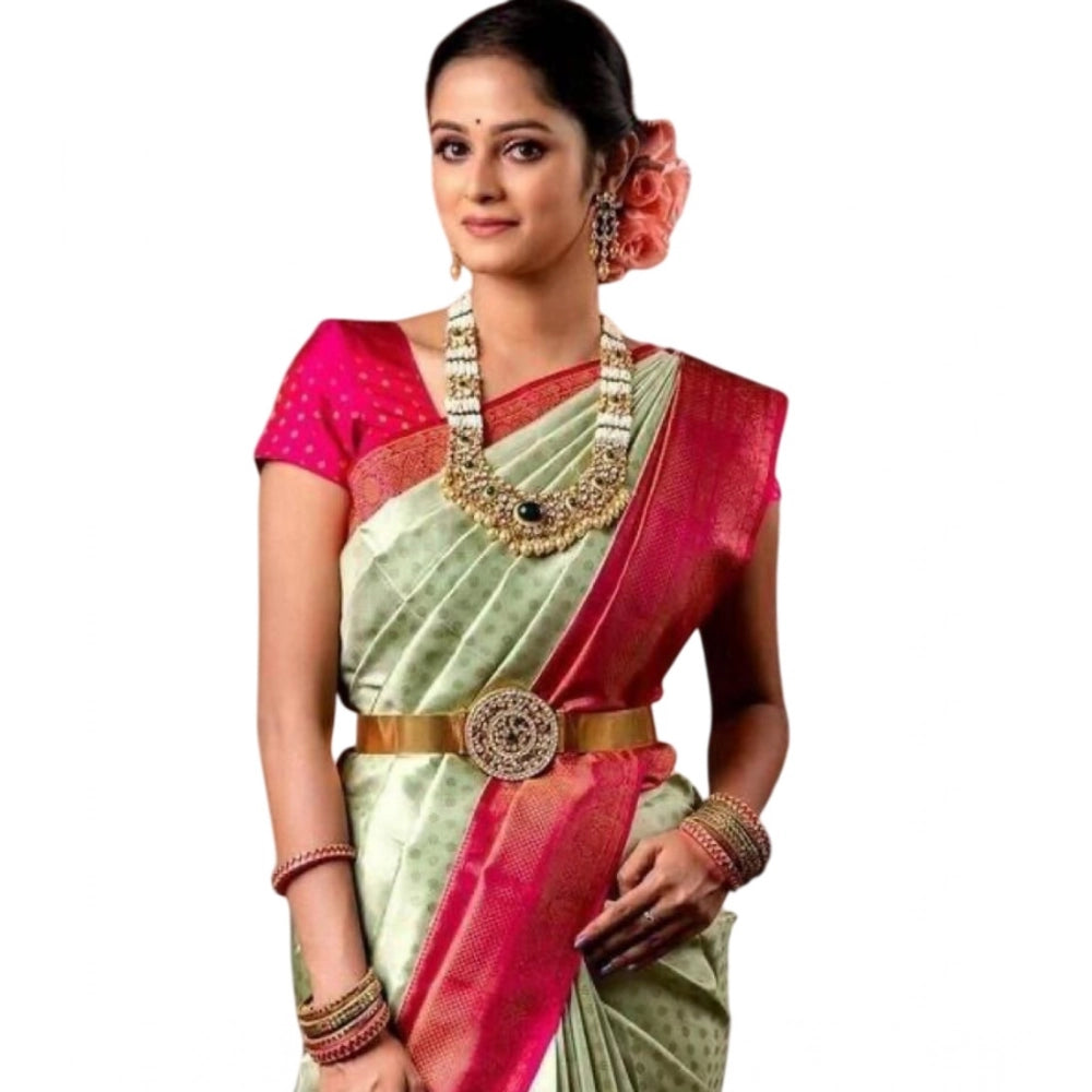 Women's Soft Lichi Silk Printed Saree With Unstitched Blouse 5.5Mtr (Light Green)
