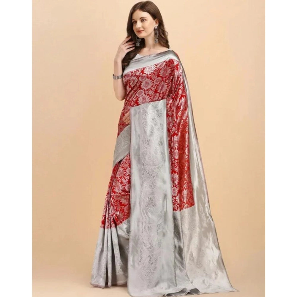 Women's Soft Lichi Silk Printed Saree With Unstitched Blouse 5.5Mtr (Red)