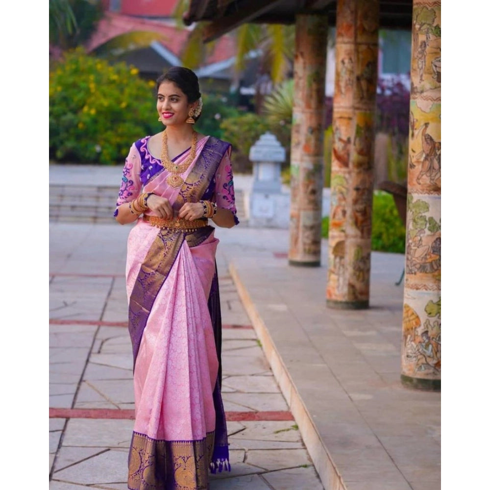 Women's Soft Lichi Silk Printed Saree With Unstitched Blouse 5.5Mtr (Purple)