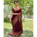 Women's Soft Lichi Silk Solid Saree With Unstitched Blouse 5.5Mtr (Maroon)