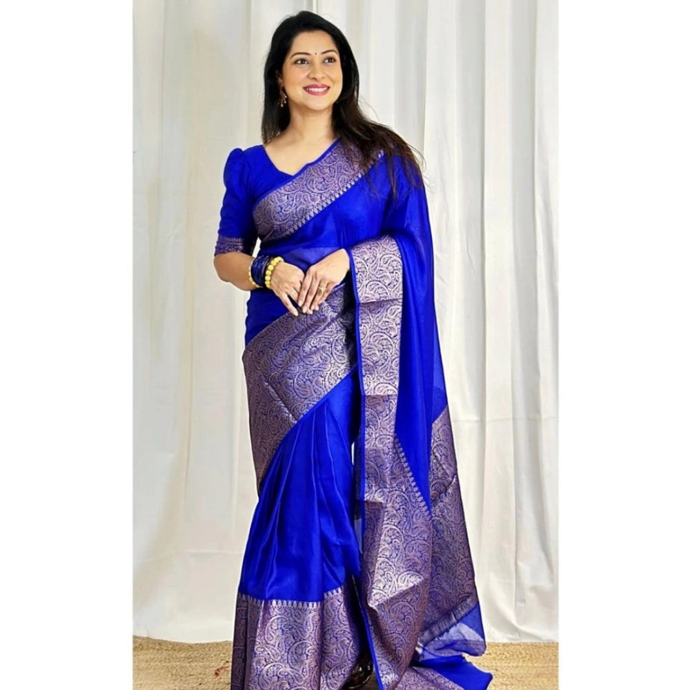 Women's Soft Lichi Silk Solid Saree With Unstitched Blouse 5.5Mtr (Blue)