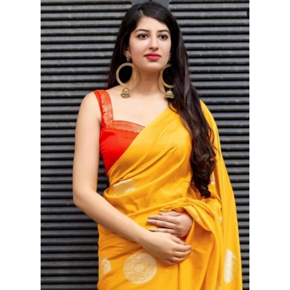 Women's Soft Lichi Silk Printed Saree With Unstitched Blouse 5.5Mtr (Yellow)
