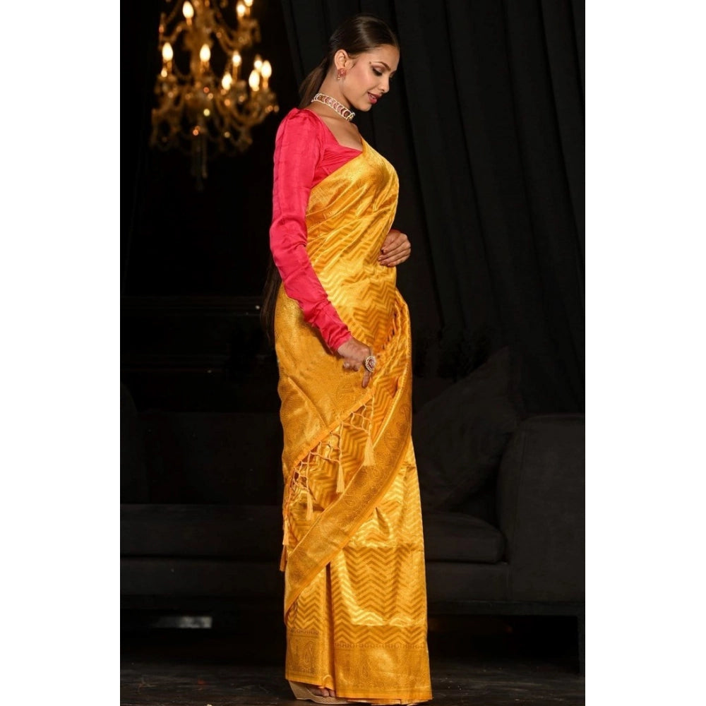 Women's Soft Lichi Silk Woven Saree With Unstitched Blouse 5.5Mtr (Yellow)