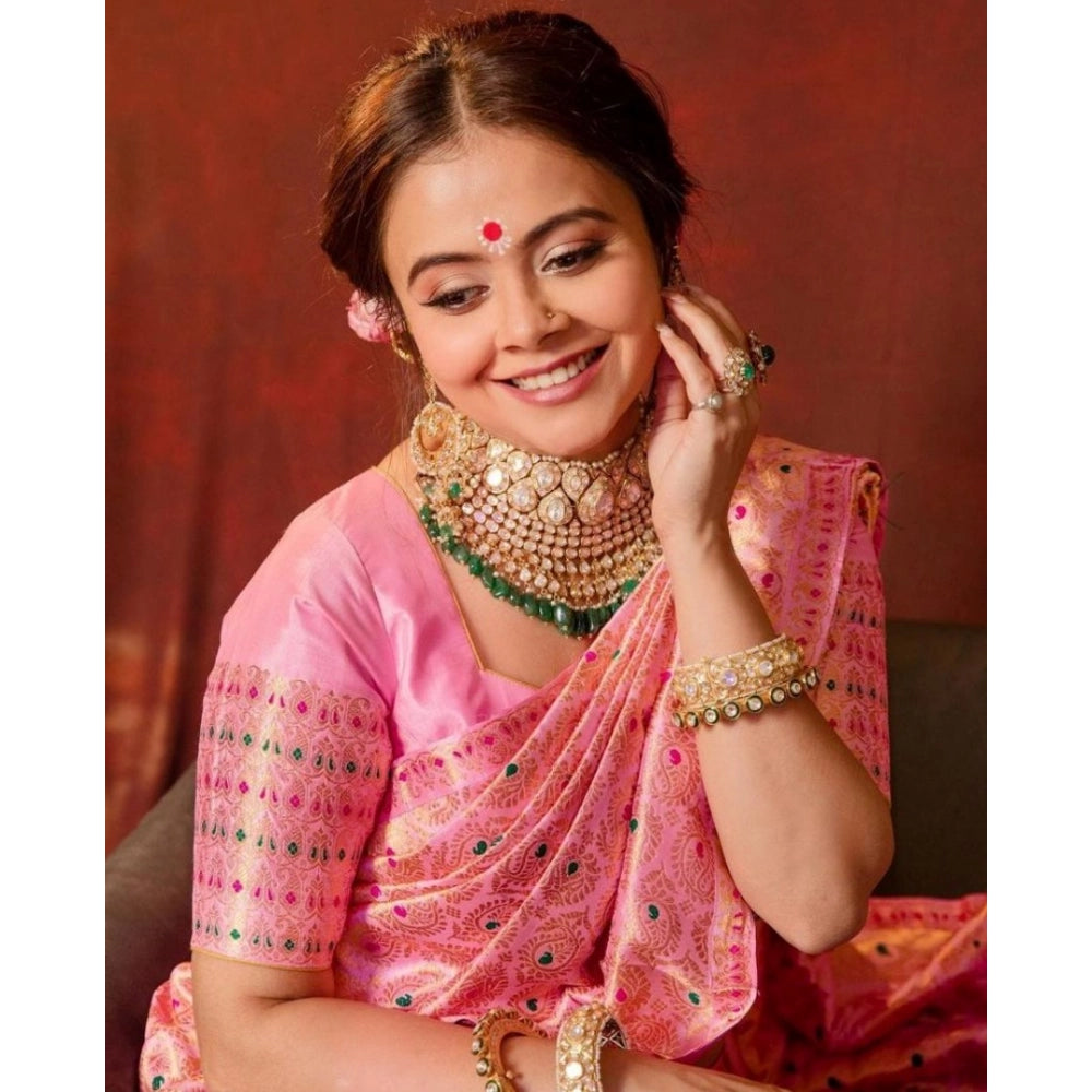 Women's Soft Lichi Silk Printed Saree With Unstitched Blouse 5.5Mtr (Pink)