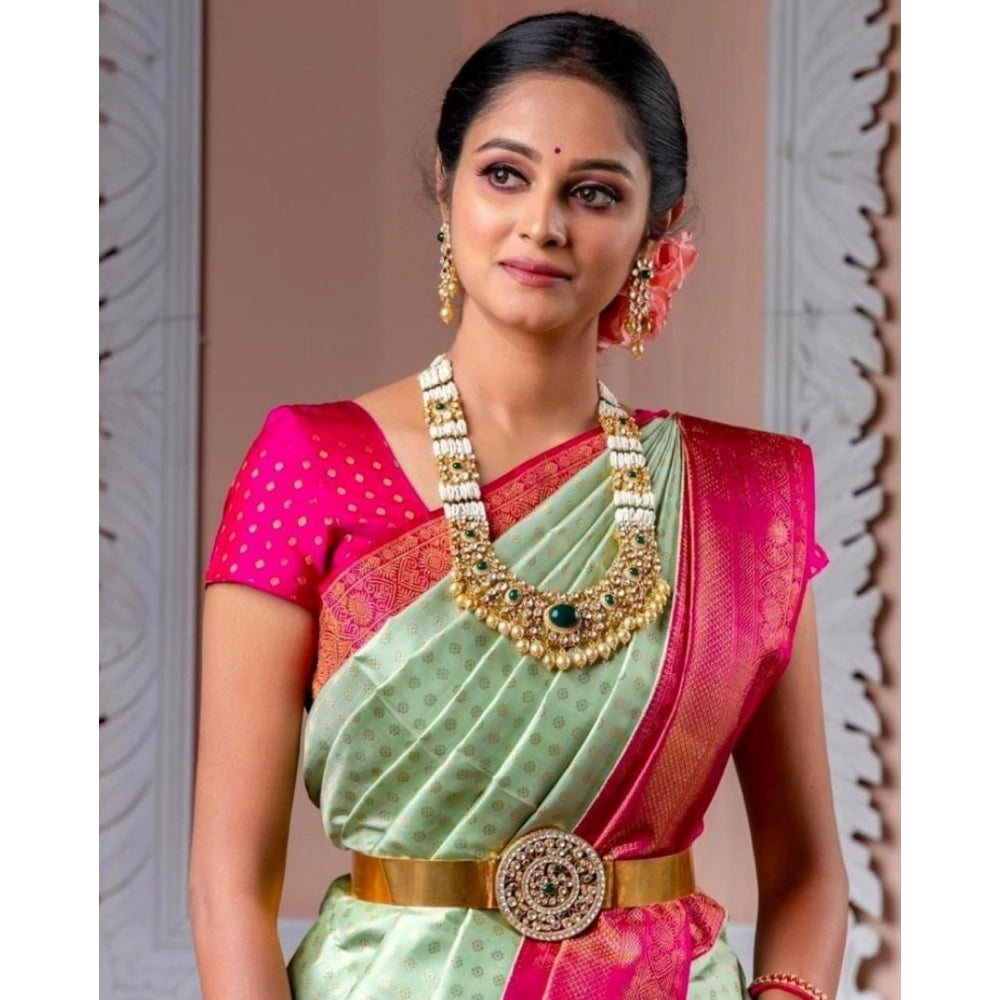 Women's Soft Lichi Silk Printed Saree With Unstitched Blouse 5.5Mtr (Light Green)