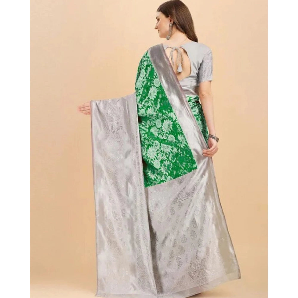 Women's Soft Lichi Silk Printed Saree With Unstitched Blouse 5.5Mtr (Green)