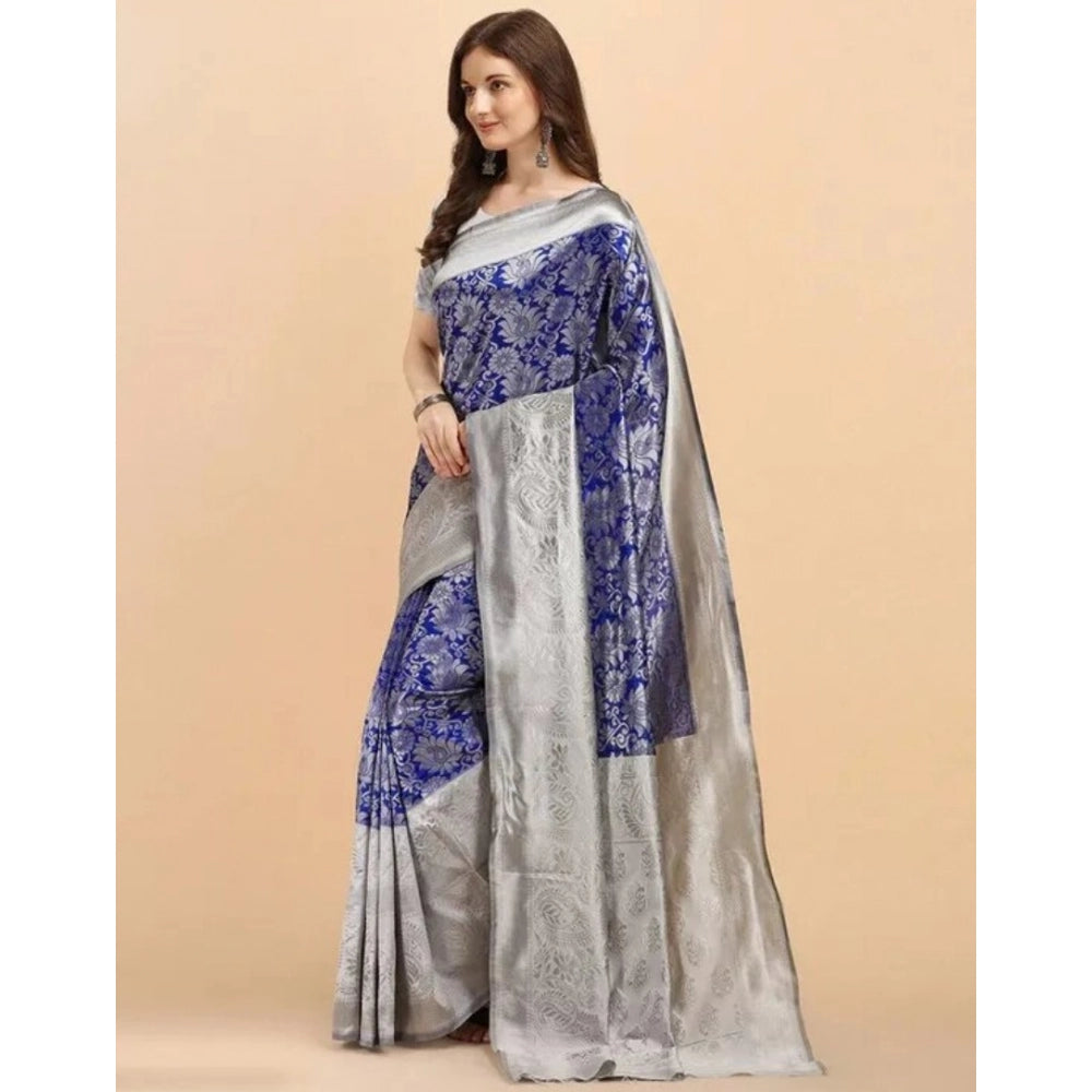 Women's Soft Lichi Silk Printed Saree With Unstitched Blouse 5.5Mtr (Blue)