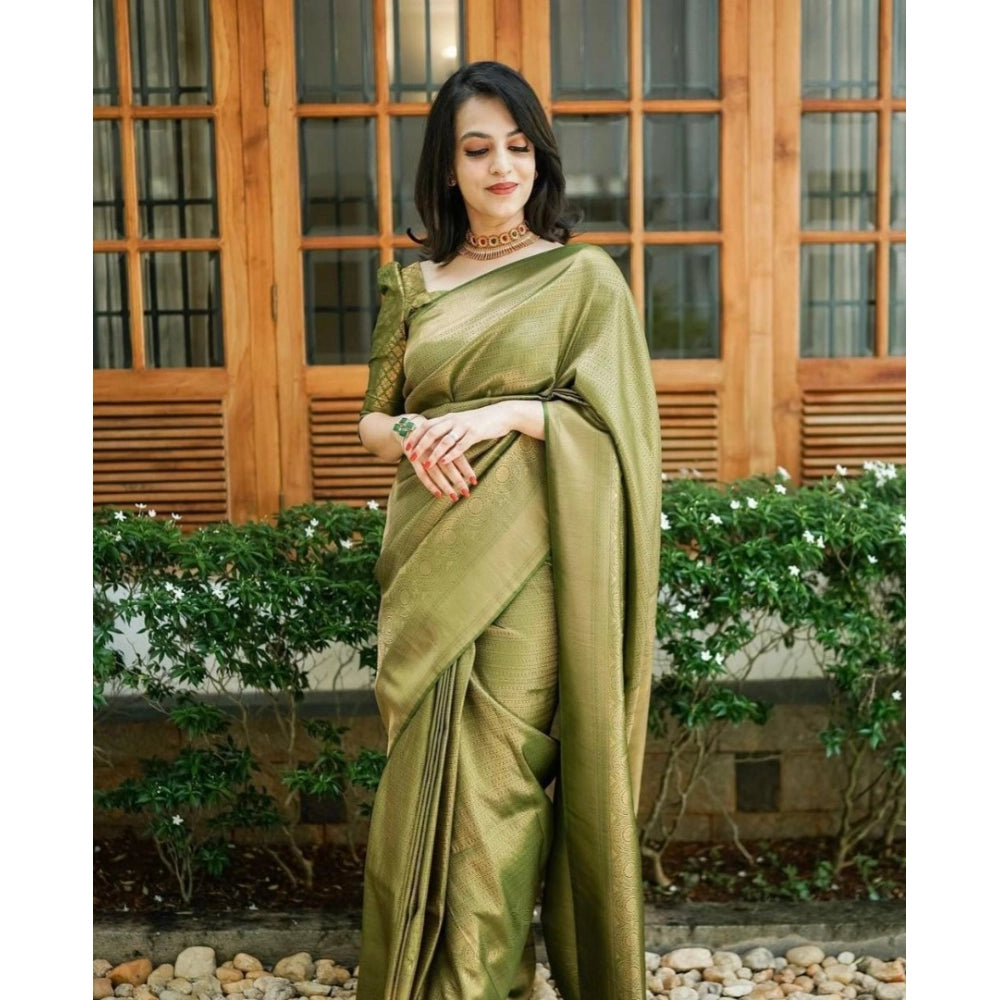 Women's Soft Lichi Silk Printed Saree With Unstitched Blouse 5.5Mtr (Green)
