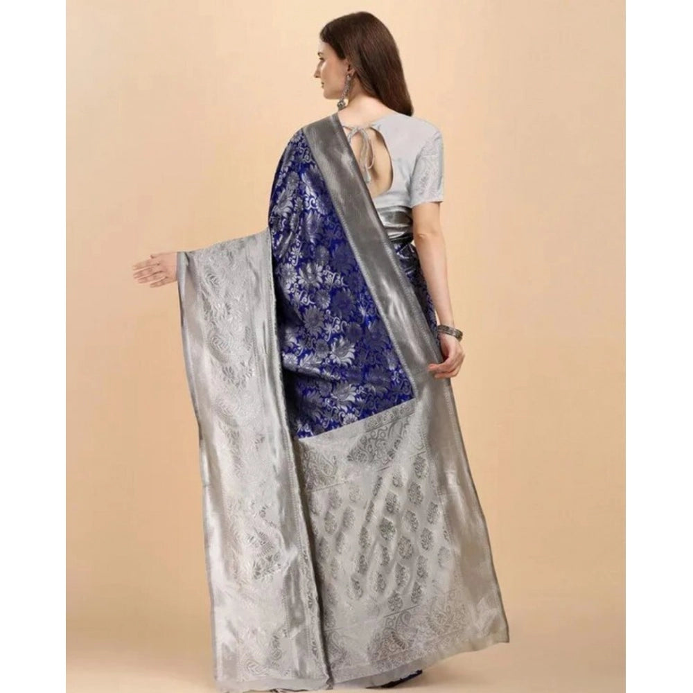 Women's Soft Lichi Silk Printed Saree With Unstitched Blouse 5.5Mtr (Blue)