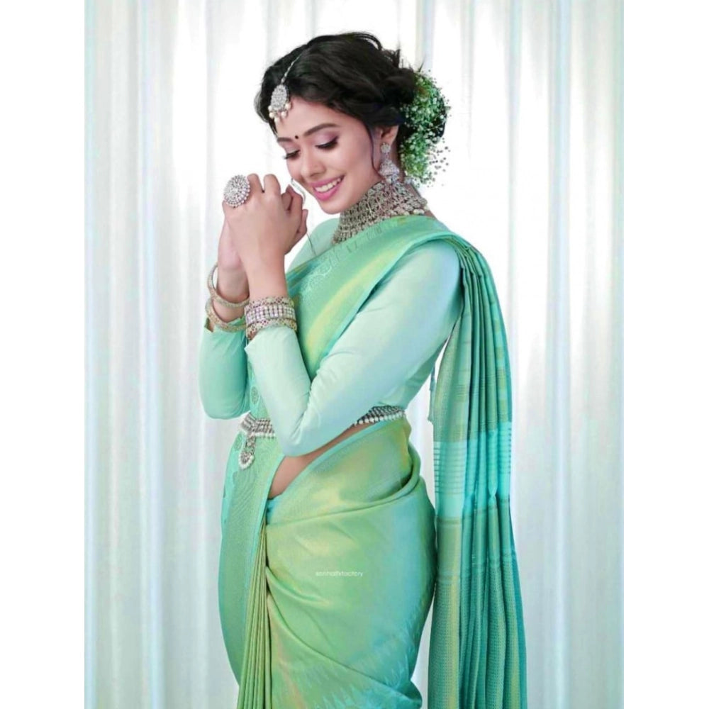 Women's Soft Lichi Silk Printed Saree With Unstitched Blouse 5.5Mtr (Light Green)
