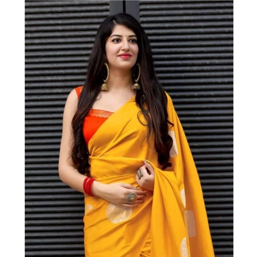 Women's Soft Lichi Silk Printed Saree With Unstitched Blouse 5.5Mtr (Yellow)
