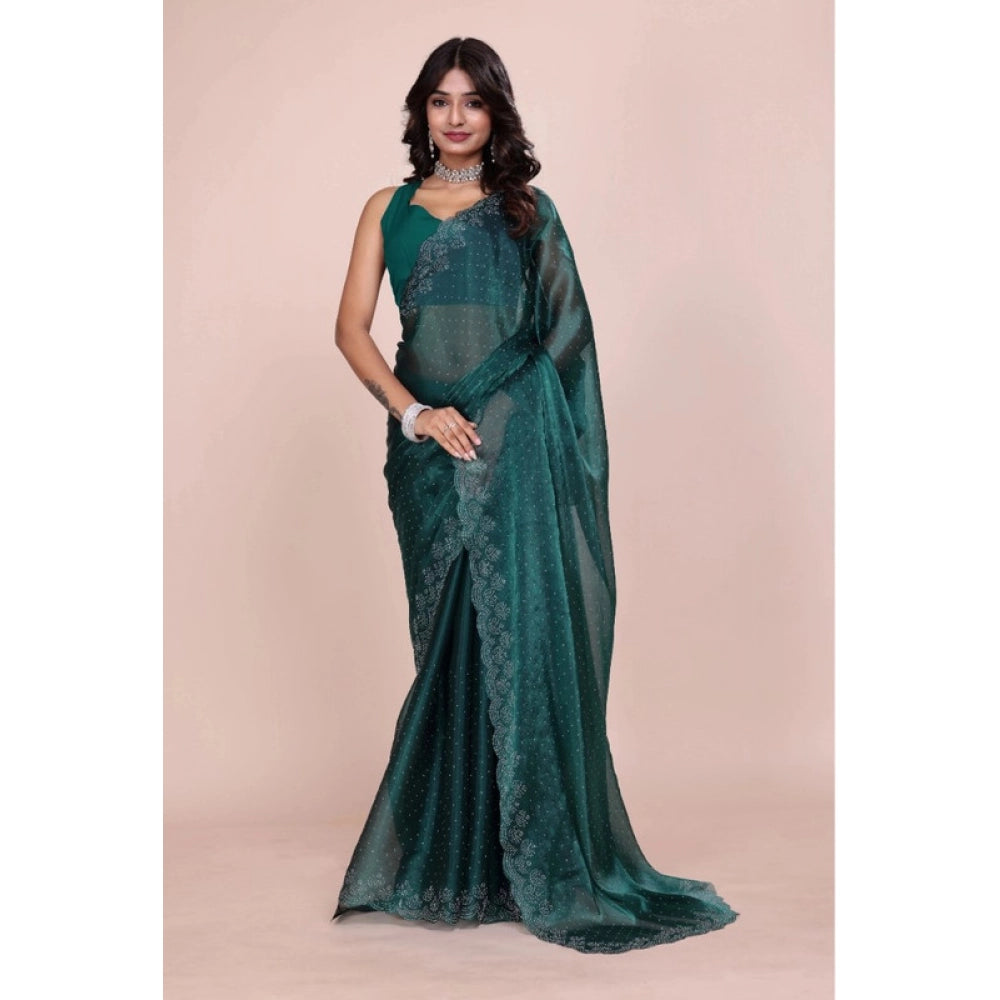 Women's Jimmy choo Embellished Bollywood Saree With Unstitched Blouse 5.5Mtr (Green)