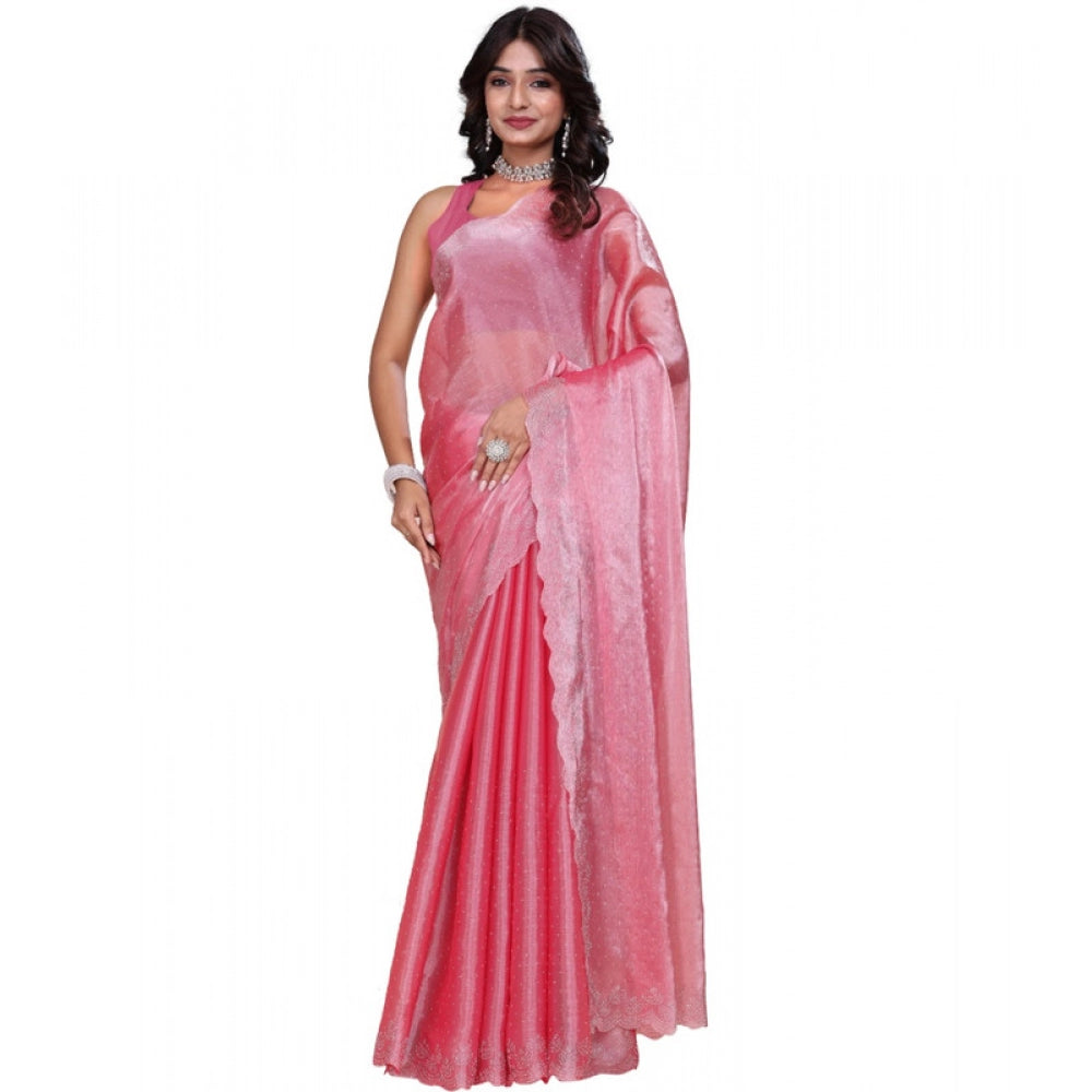 Women's Jimmy choo Embellished Bollywood Saree With Unstitched Blouse 5.5Mtr (Pink)
