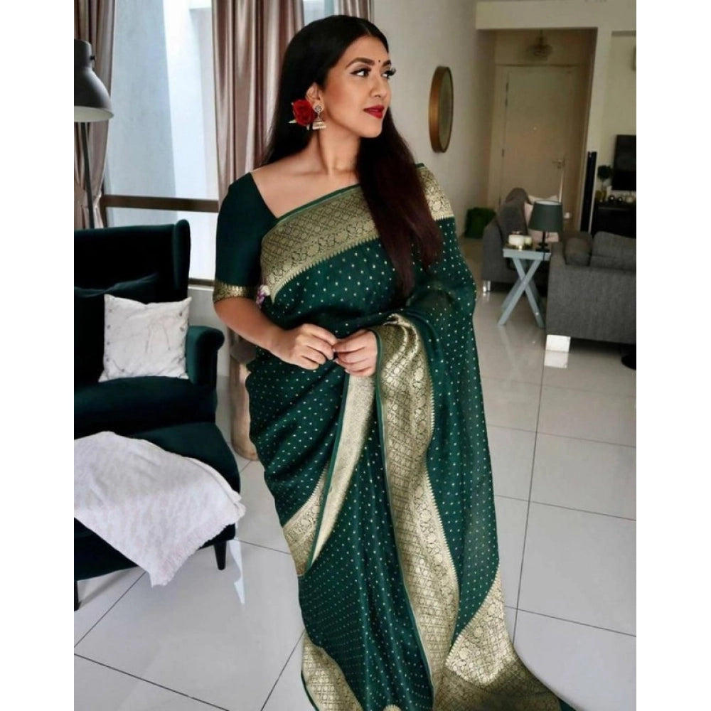 Women's Litchi silk Printed Saree With Unstitched Blouse (Green)