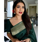 Women's Litchi silk Printed Saree With Unstitched Blouse (Green)