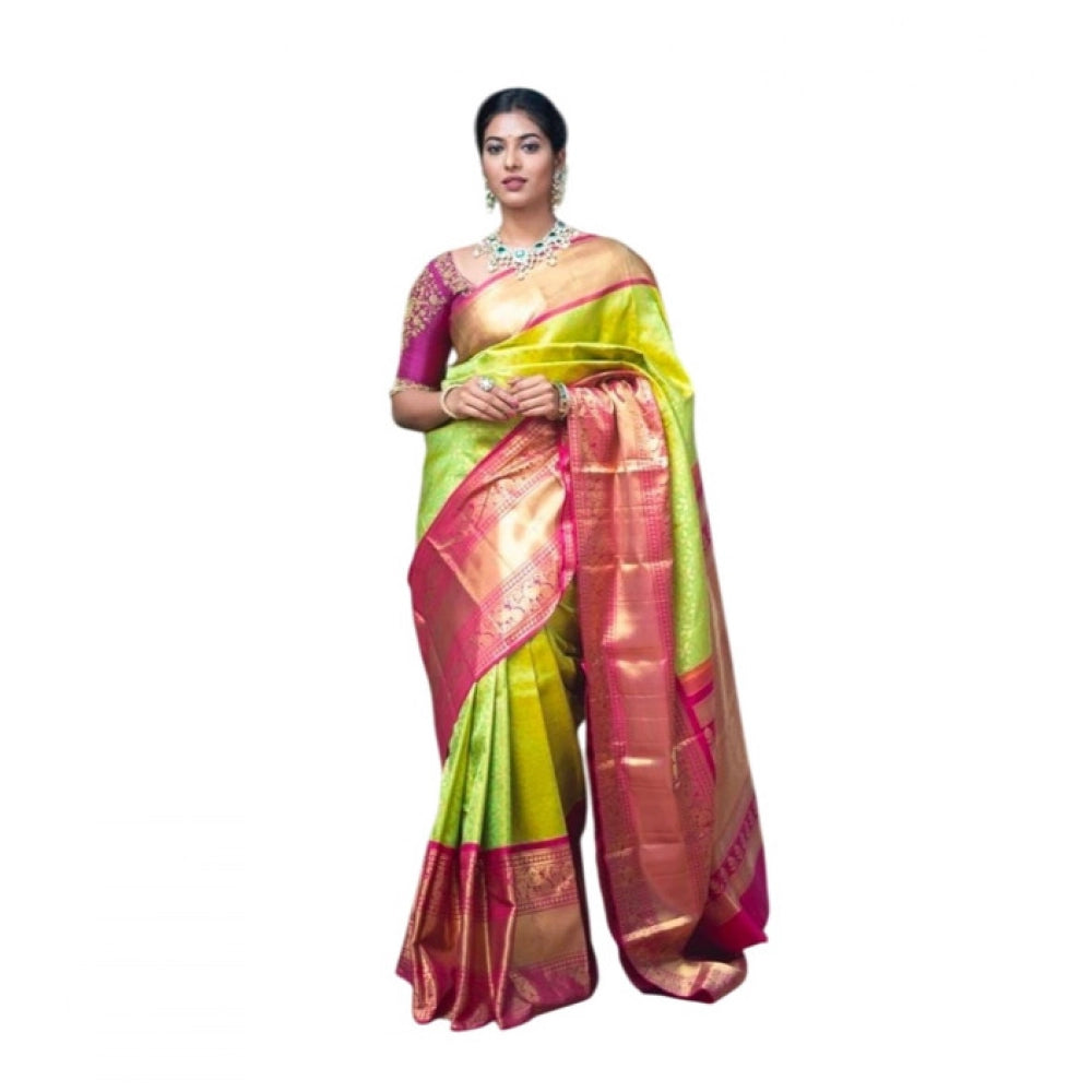 Women's Litchi silk Printed Saree With Unstitched Blouse (Green)