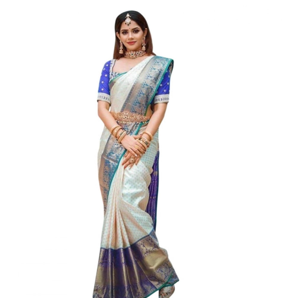 Women's Litchi silk Printed Saree With Unstitched Blouse (Off White)