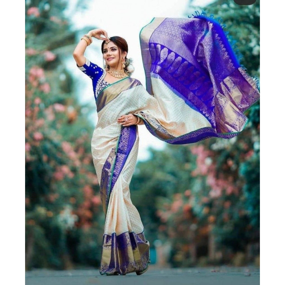 Women's Litchi silk Printed Saree With Unstitched Blouse (Off White)