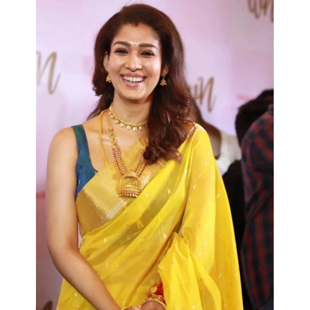 Women's Litchi silk Printed Saree With Unstitched Blouse (Yellow)