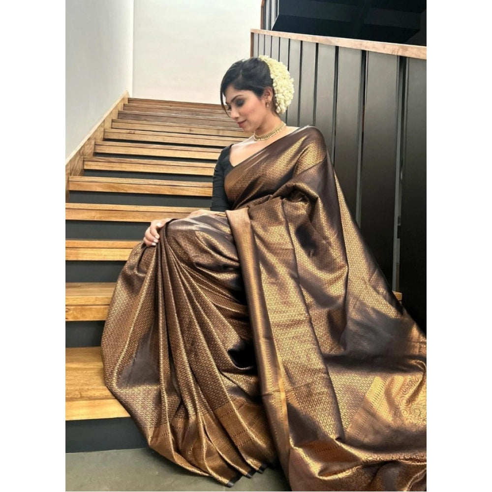 Women's Litchi silk Printed Saree With Unstitched Blouse (Gold)