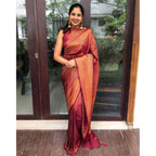 Women's Litchi silk Printed Saree With Unstitched Blouse (Red)