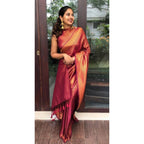 Women's Litchi silk Printed Saree With Unstitched Blouse (Red)
