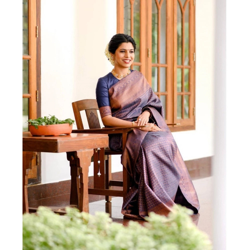 Women's Litchi silk Printed Saree With Unstitched Blouse (Navy Blue)