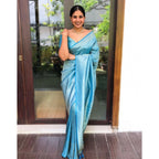 Women's Litchi silk Printed Saree With Unstitched Blouse (Sky Blue)