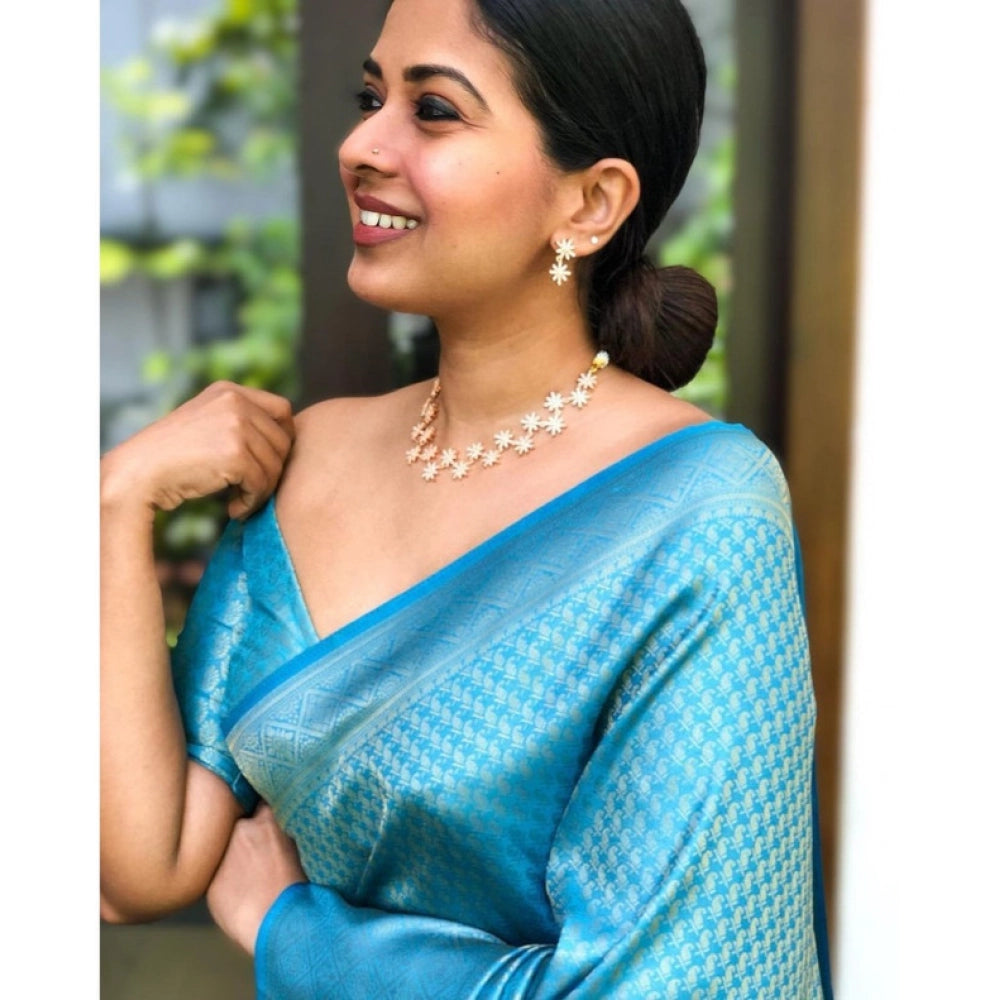Women's Litchi silk Printed Saree With Unstitched Blouse (Sky Blue)
