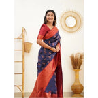 Women's Litchi silk Printed Saree With Unstitched Blouse (Blue)