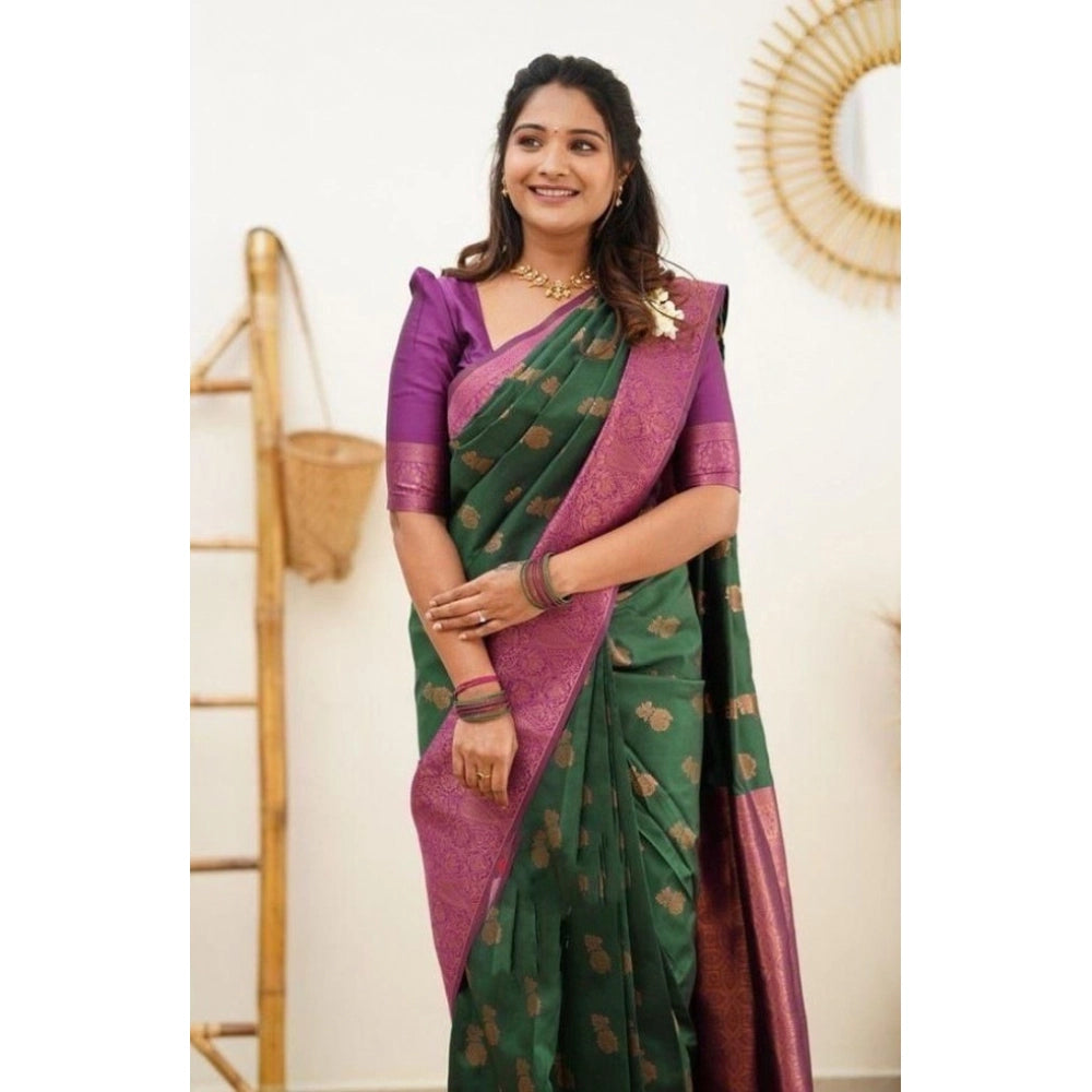 Women's Litchi silk Printed Saree With Unstitched Blouse (Green)