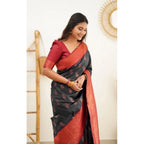 Women's Litchi silk Printed Saree With Unstitched Blouse (Grey)
