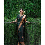 Women's Litchi silk Printed Saree With Unstitched Blouse (Green)