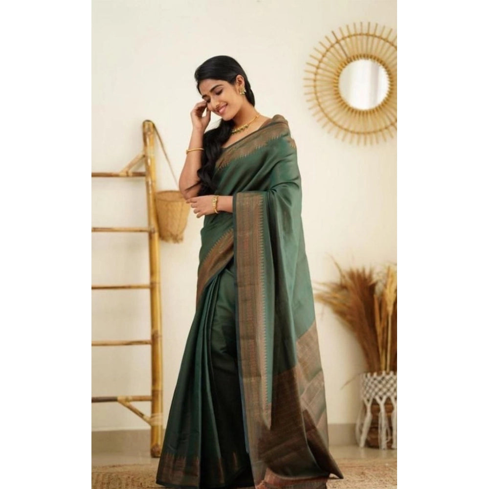 Women's Litchi silk Printed Saree With Unstitched Blouse (Green)